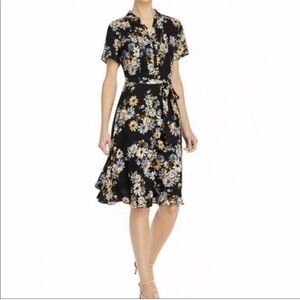 Nanette Lepore size 2 BLACK DREAM CLOUD belted pleated Floral Midi Dress